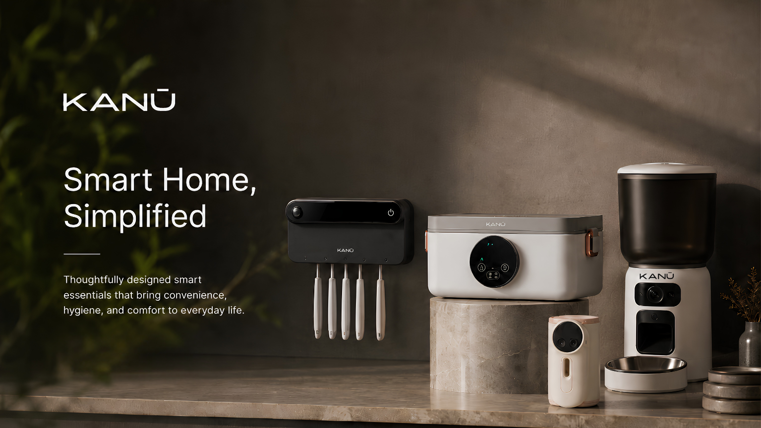 KAN® smart home devices on a wooden surface with a dark background