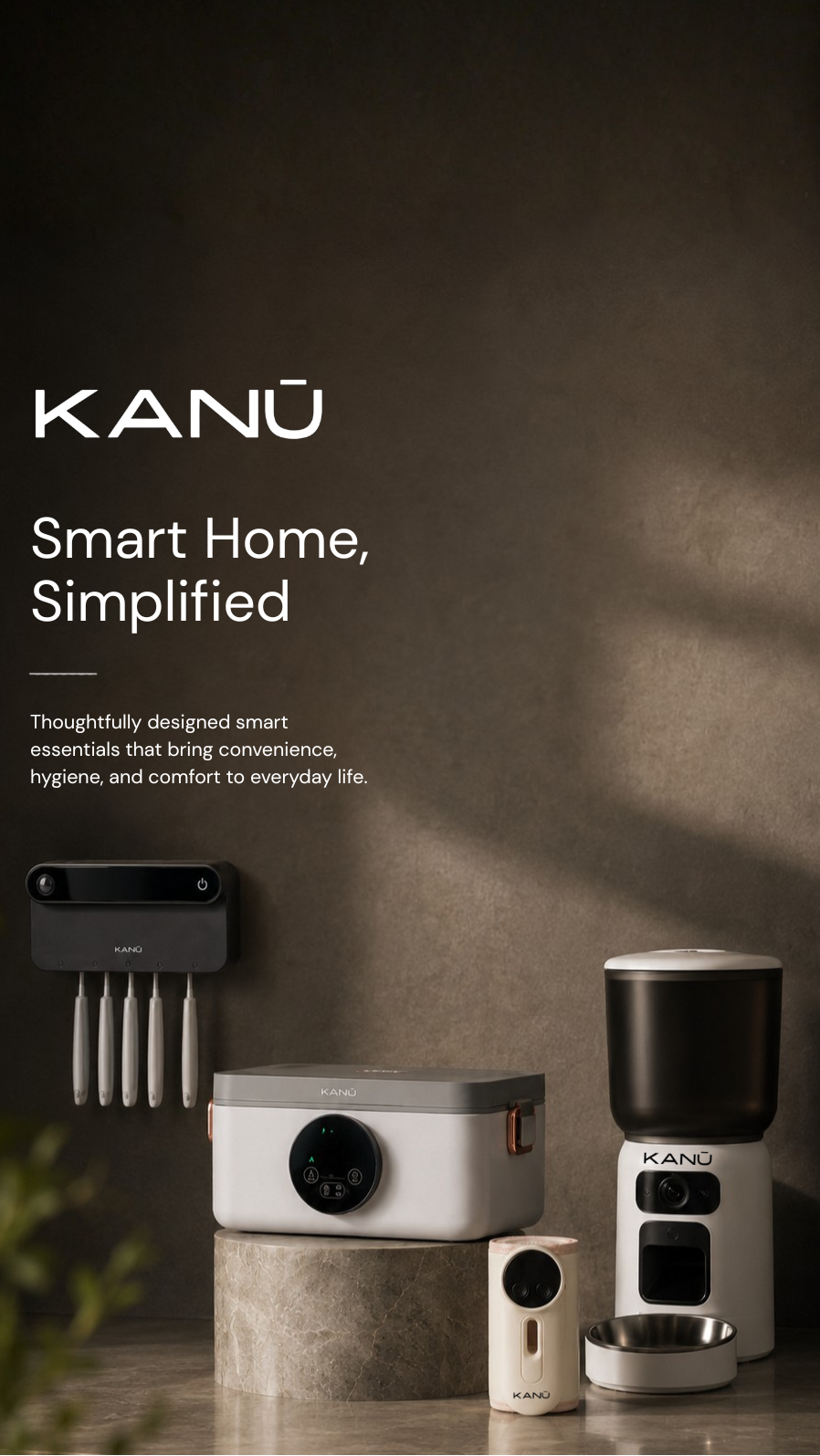 KAN® smart home devices on a dark background with brand name displayed.